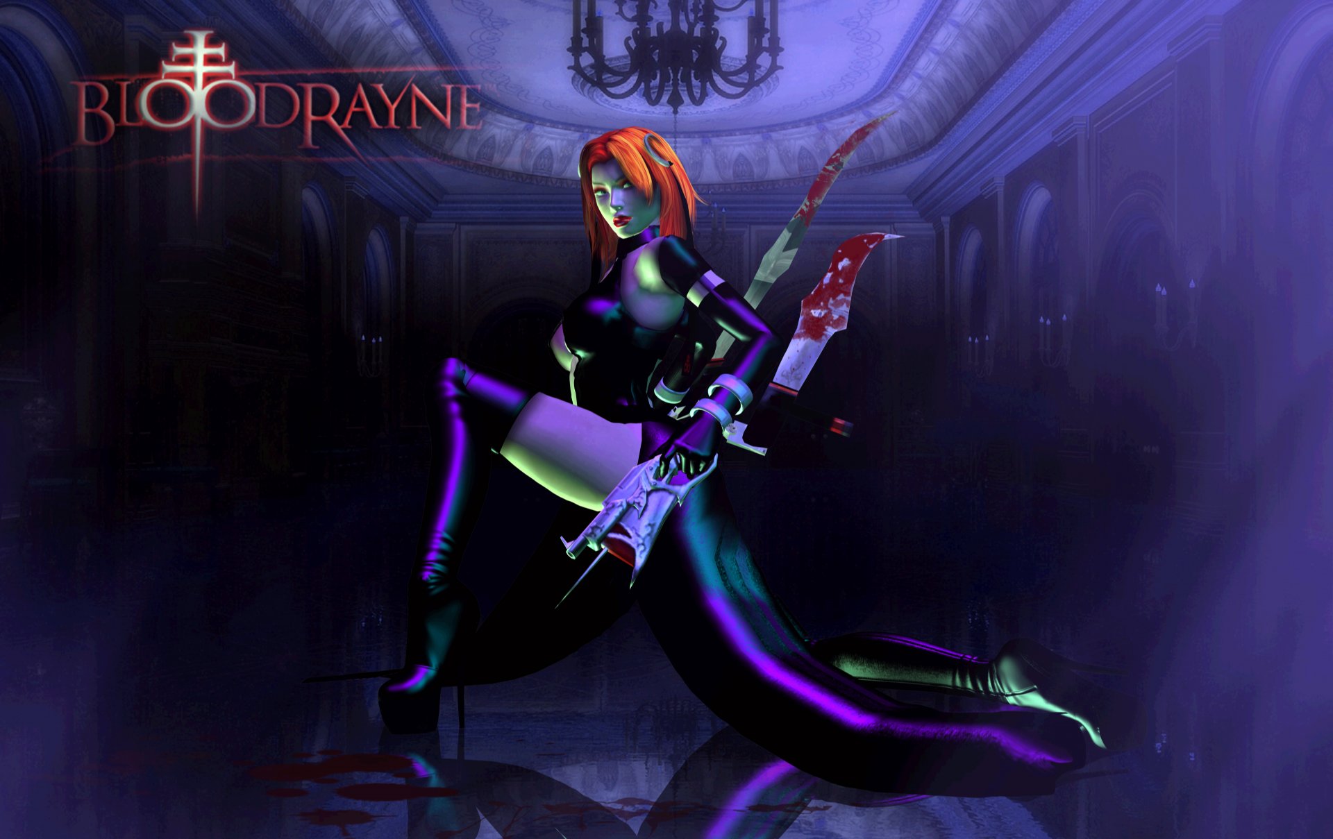 bloodrayne jeu fille vampire cheveux roux latex bottes arme regard sang pose