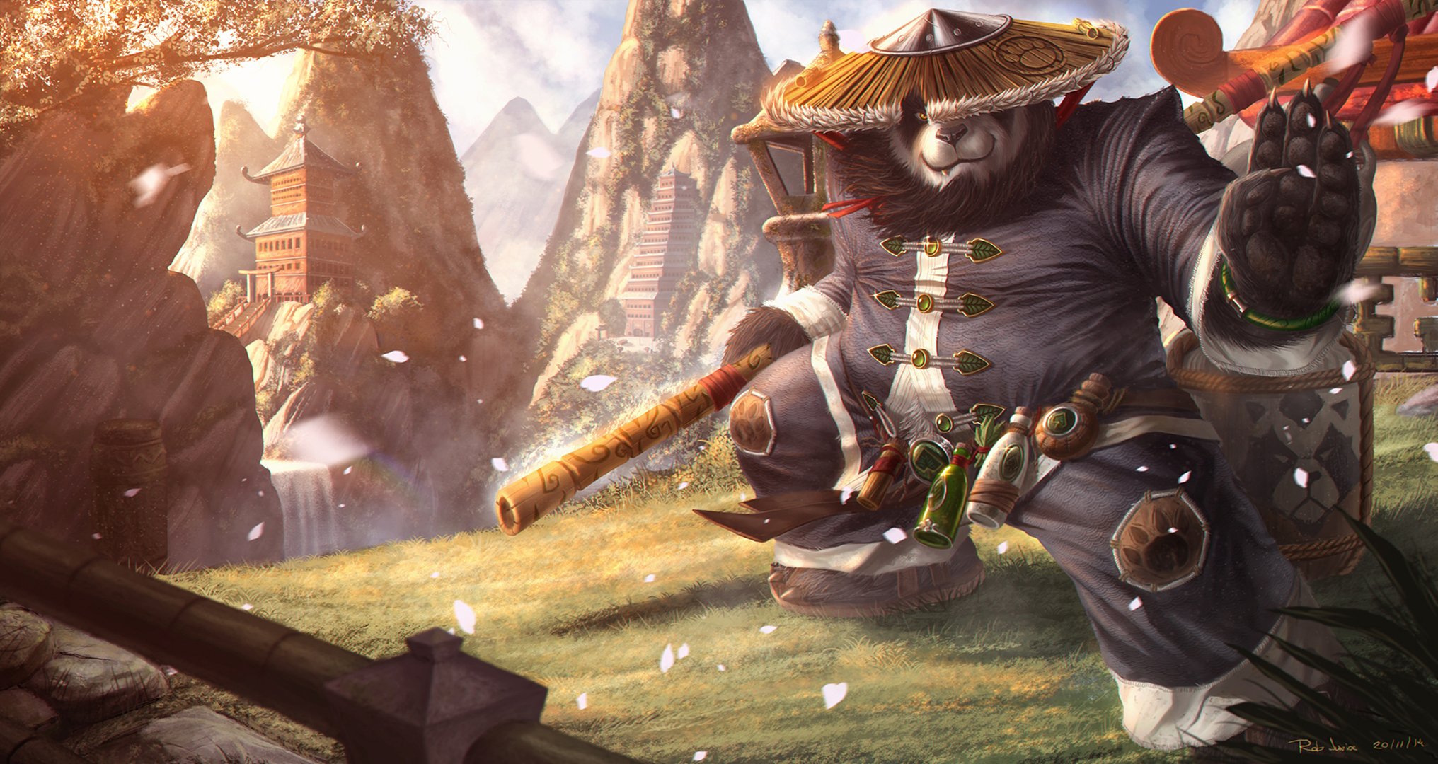 world of warcraft: mgły pandaria sztuka warcraft panda miś kij