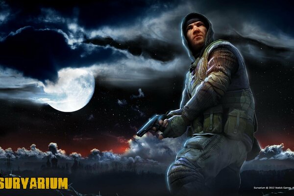 Survarium, soldat avec des armes sur fond de ciel nocturne lunaire