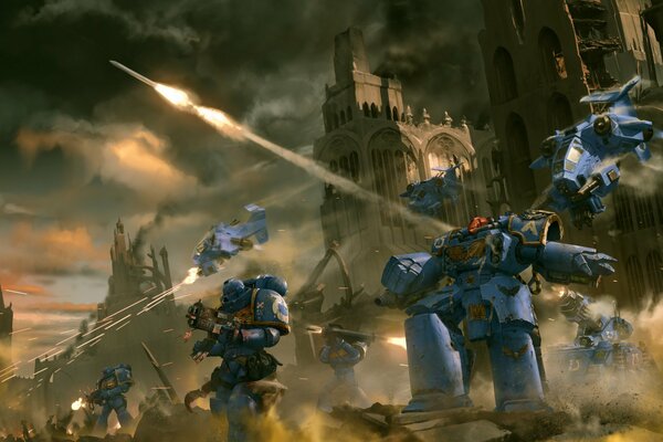 Warhammer, ataque de la ciudad por guerreros con armadura de poder