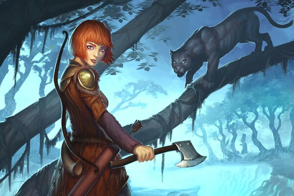 Ranger girl with an axe on the background of a panther