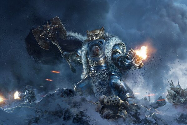 Warhammer 40k batalla en la nieve con armadura con cabeza de lobo