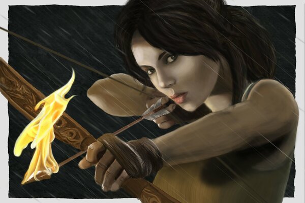 Lara Croft schießt einen Bogen mit einem Feuerpfeil