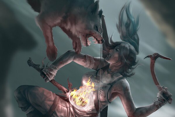 The girl holds a torch and fights with a wolf