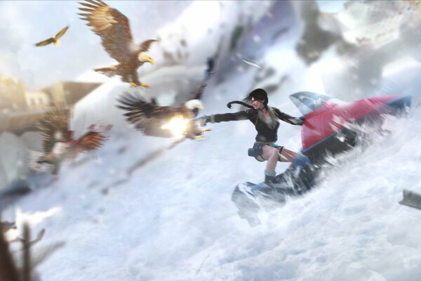 Lara Croft monta una moto de nieve y dispara a los pájaros