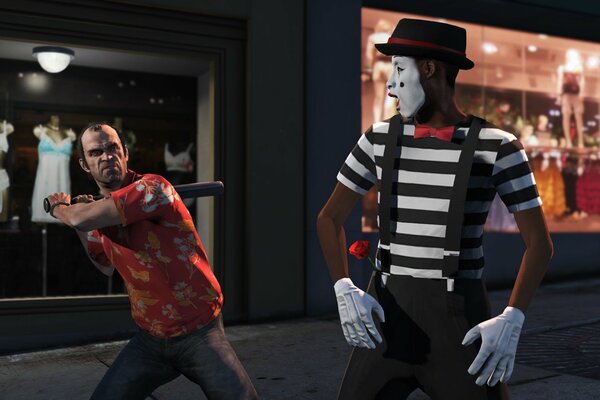 GTA 5. Trevor attacks mime with a bat