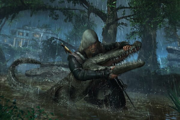 Edward Kenway fights a crocodile in a swamp in the rain
