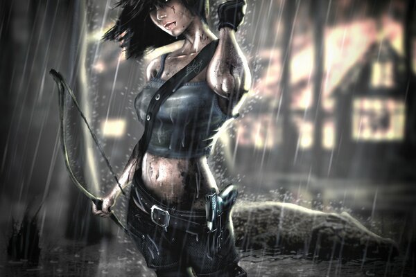 Lara Croft with onions in the rain