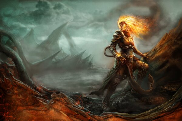 A sorceress girl with a head engulfed in flames