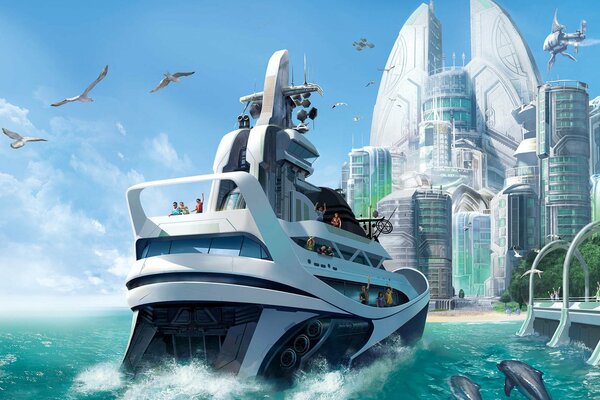 Yacht aus dem Spiel Anno 2070 vor dem Hintergrund der Stadtlandschaft