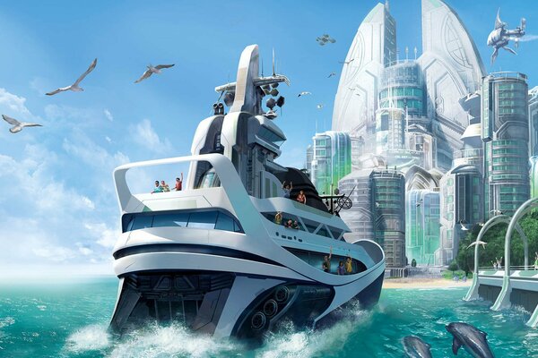 Яхта из игры Anno 2070 на фоне городского пейзажа