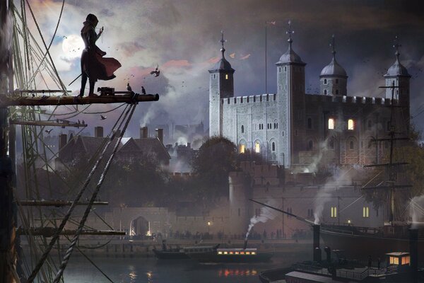 Assassin Creed fille sur un bateau dans la nuit