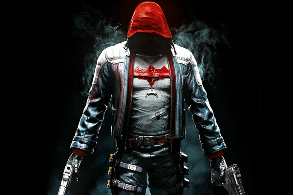 A man with a gun without a face in a red hood