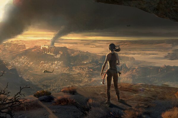 Lara Croft en la cima de una montaña sobre la ciudad