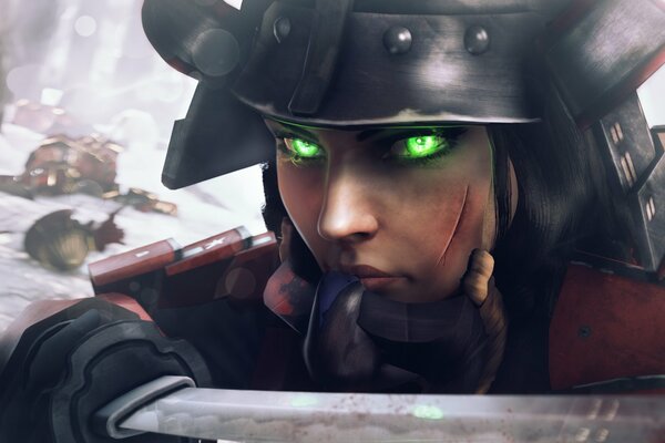 Samurai con casco de ojos verdes