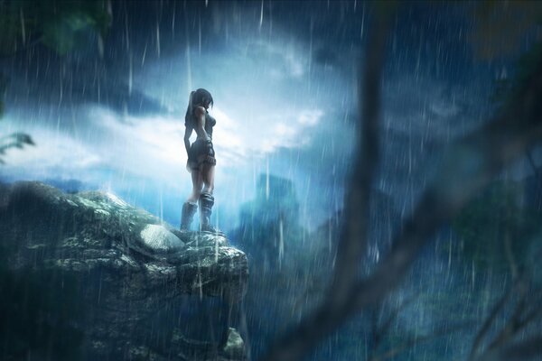 Lara Croft en la selva en una noche lluviosa