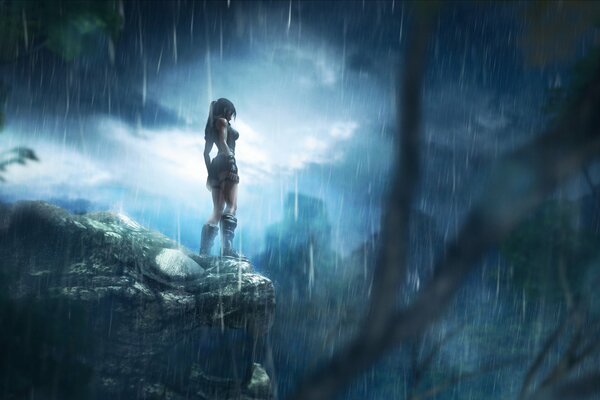 Lara Croft nella giungla in una notte piovosa