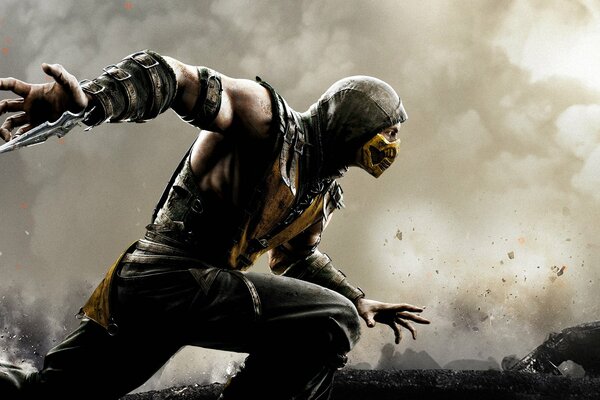 Mortal Kombat Run spcorpion corre en humo y metralla