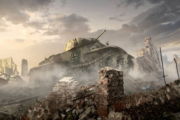 Art deutscher Panzer auf den Ruinen des Spiels World of Tanks