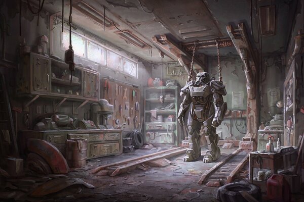 Der Held des Spiels fallout 4 steht in einem alten, zerstörten Raum