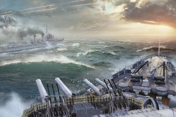 Battle of warships at sea