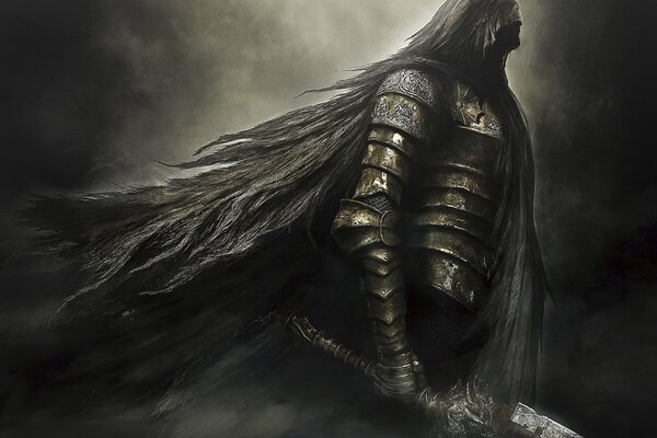 Мрачный персонаж игры Dark Souls с мечом в руках на фоне чёрной мглы