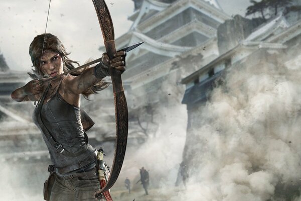 Art Lara Croft che mira con un arco