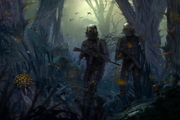 Deux militaires dans la forêt sauvage pendant l Apocalypse