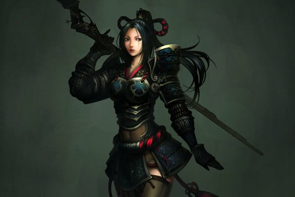 Fille asiatique en armure avec un long fusil de chasse