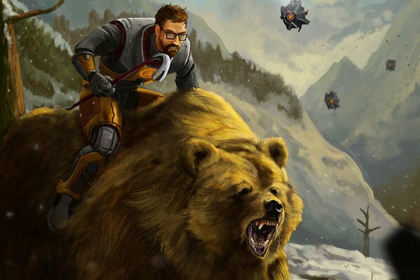 Gordon Freeman on a bear in the Woods