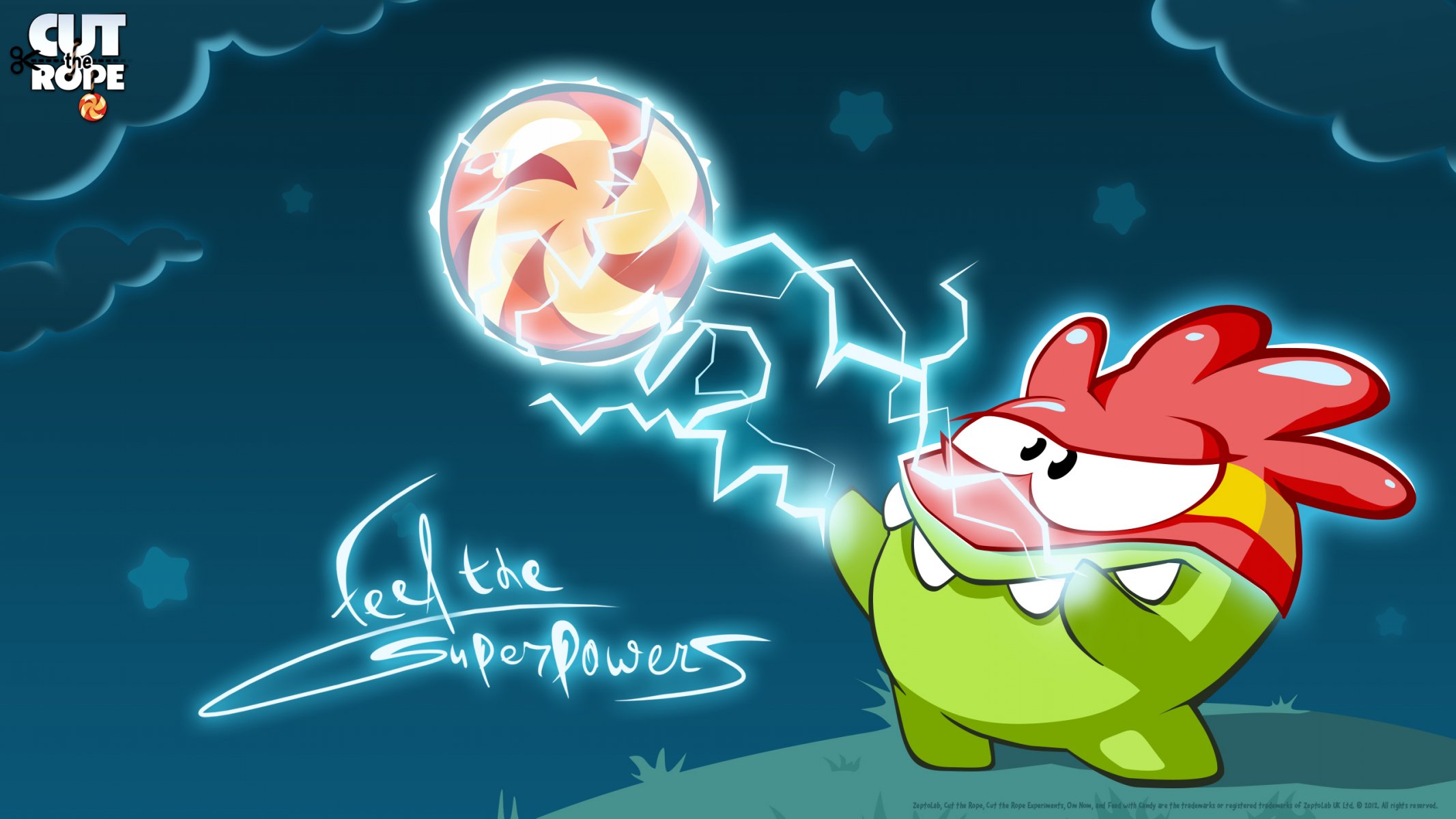 cut the rope feel the superpowers lightning circle candy sweet monster toothy teeth alien wallpapers wallpaper dark night scissors current electricity