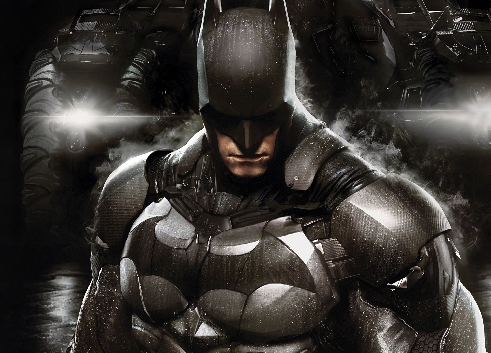 batman: arkham knight batman: arkham knight bruce wayne verteidiger kämpfer rauch tropfen rüstung ausrüstung lichter batmobil rocksteady studios warner bros. interactive entertainment