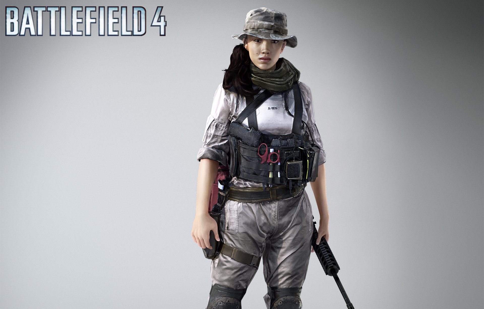 battlefield 4 champ de bataille 4 soldat combattant fille hannah arme pistolet fusil vue ciseaux gilet pare-balles écharpe chapeau panama taupe logo ea digital illusions ce electronic art