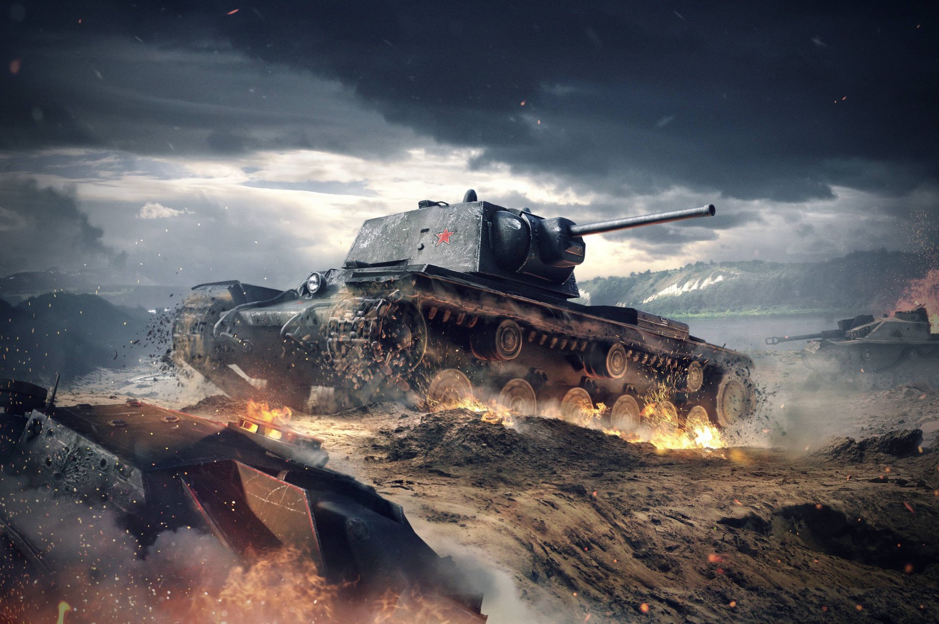 world of tanks: blitz wargaming net world of tanks blitzkrieg wg wotb kv-1 urss tanque pesado llama fuego nubes cielo humo hierro tronco árboles barro luz chispas agua polvo montañas