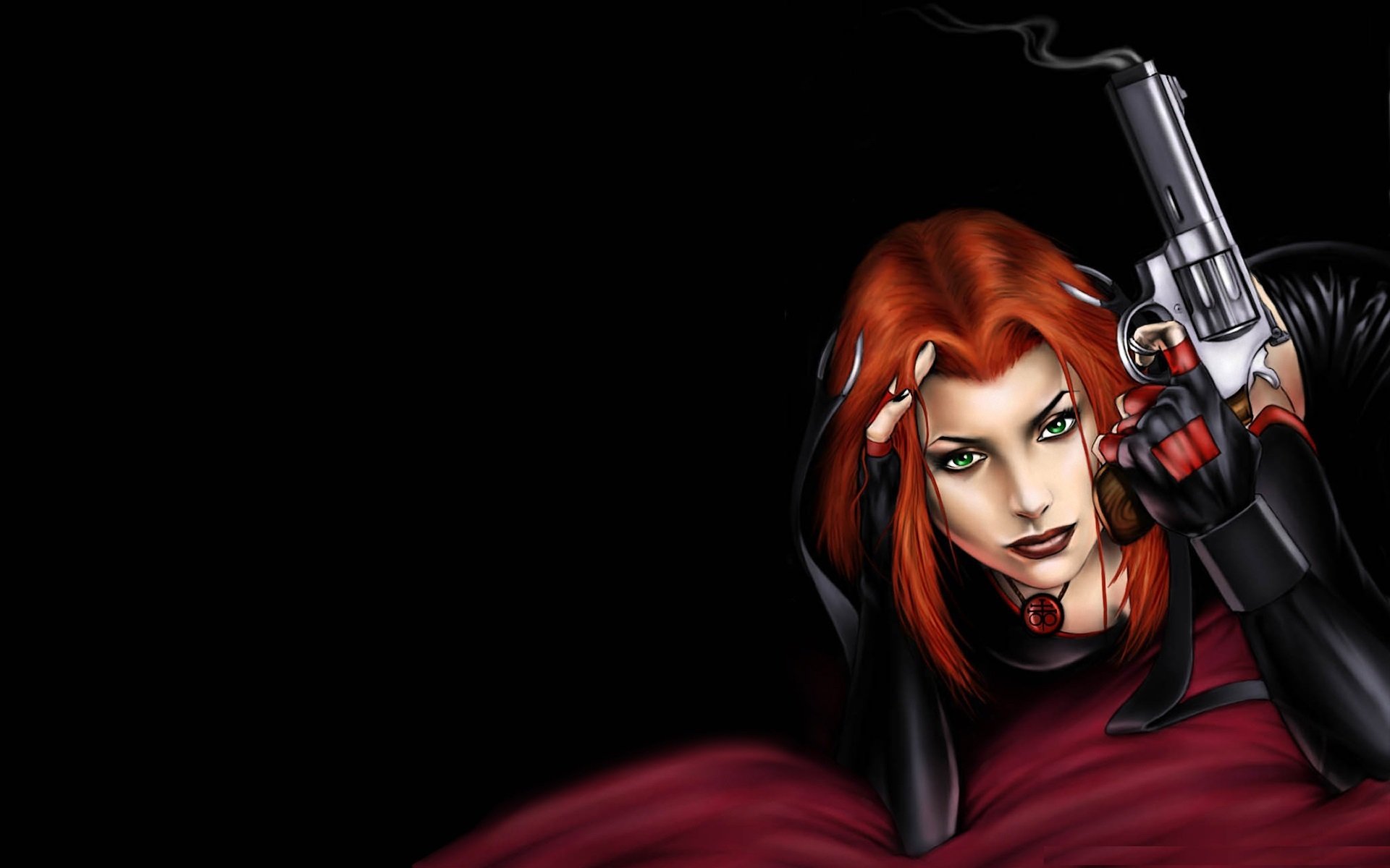 bloodrayne game girl vampire red hair view eyes gun black background