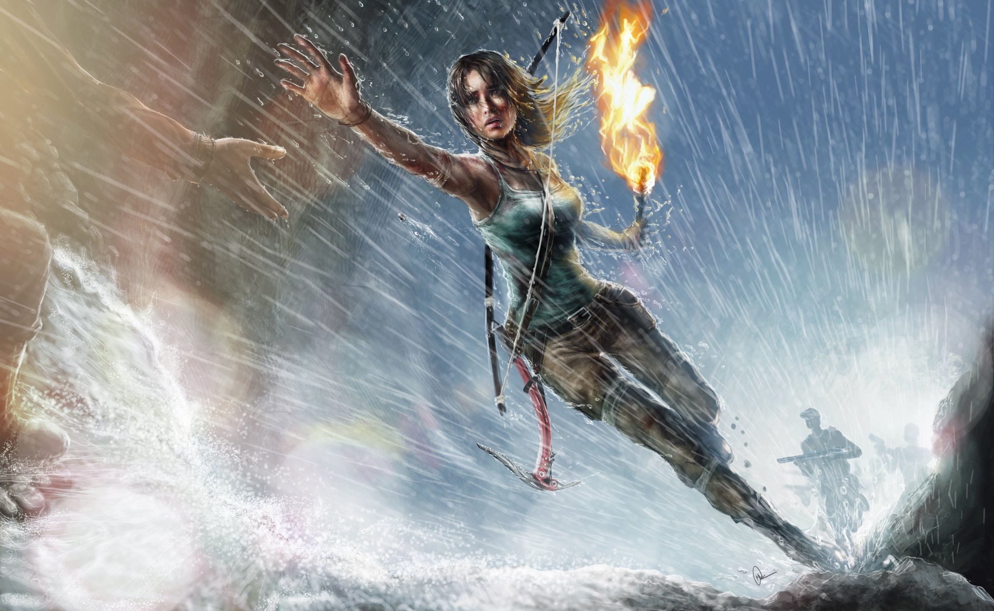 arte lara croft tomb raider chica correr antorcha mano lluvia