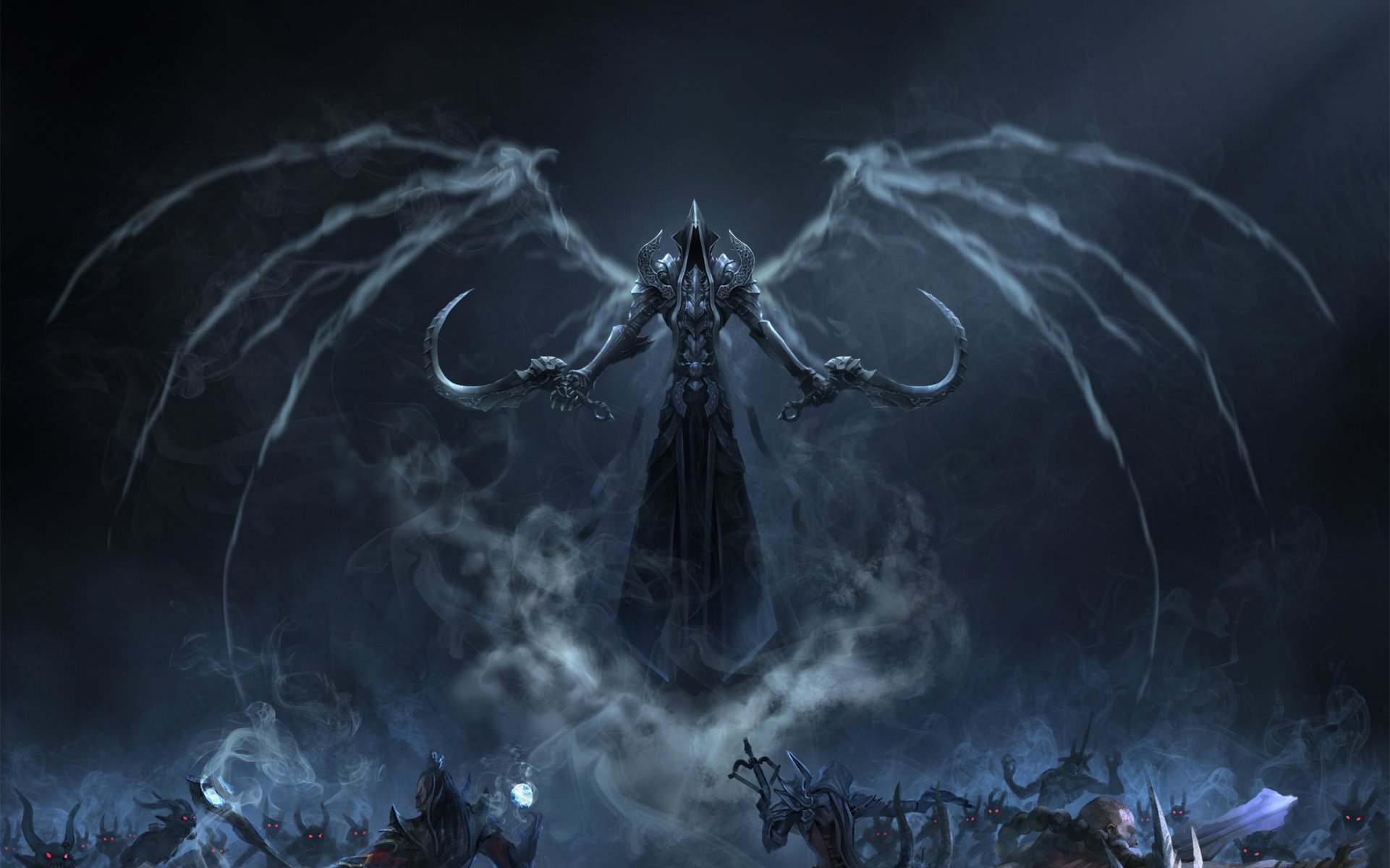 diablo iii: żniwiarz dusz malthael żniwiarz anioł śmierci diablo 3 sztuka sługusy nikt nie może zatrzymać śmierci zamieć deamons malthael anioł śmierci żniwiarz dusz fan art blizzard entertainment gry wideo tło