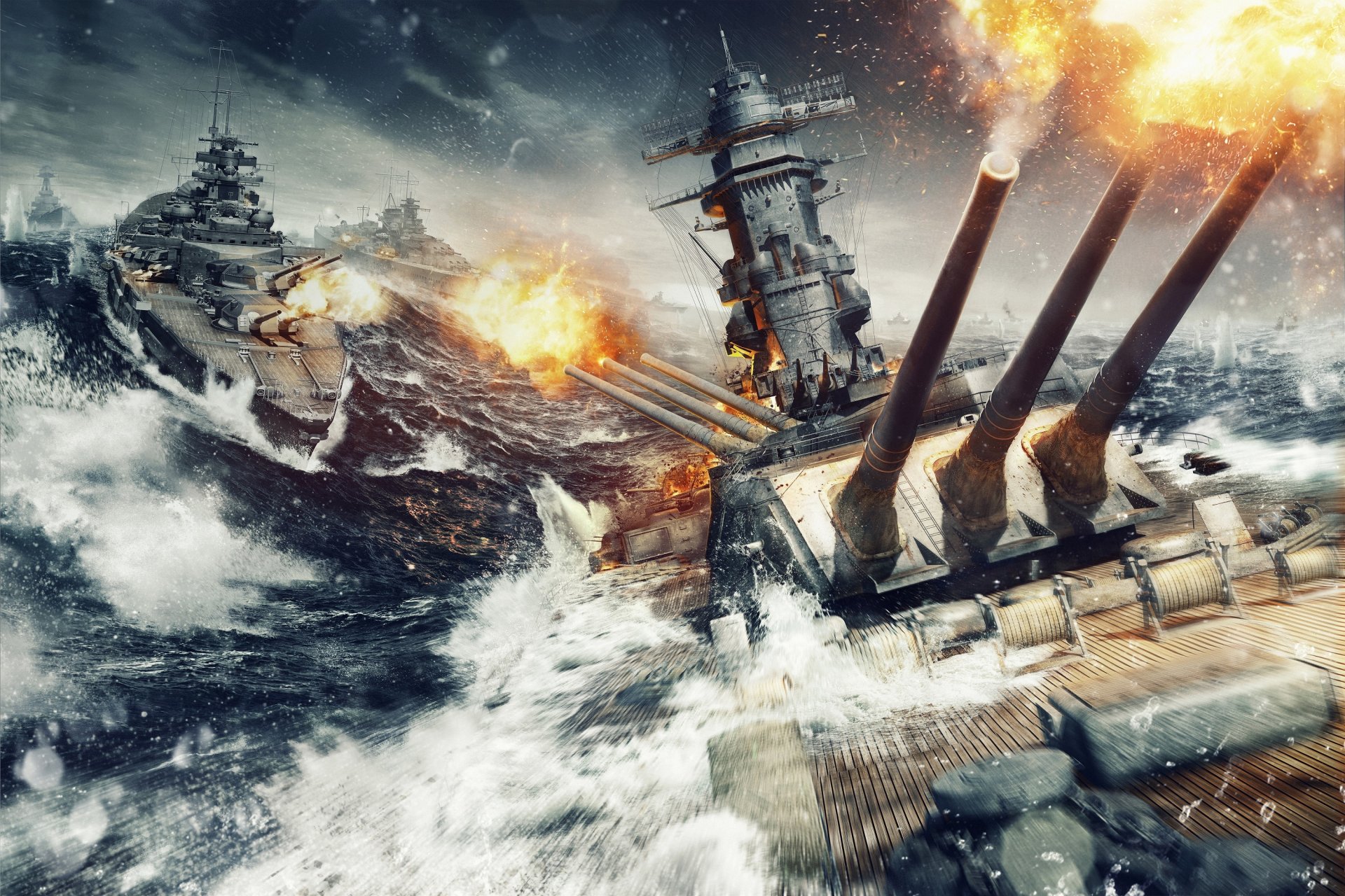 navires de guerre du monde wargaming net frappe navires du monde wp tir flamme feu fumée eau navires navire vagues ciel nuages baril fer étincelles