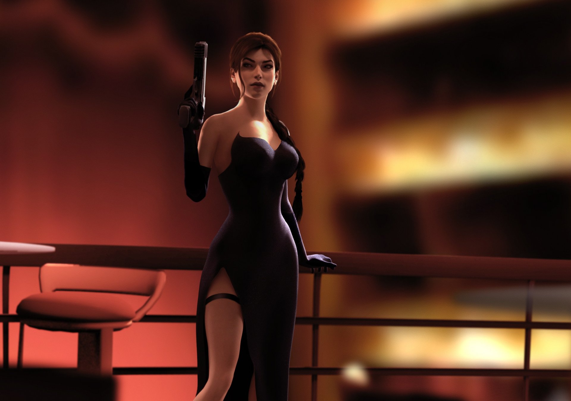 fille robe pistolet bas cheveux beauté bombasse lara croft tomb raider