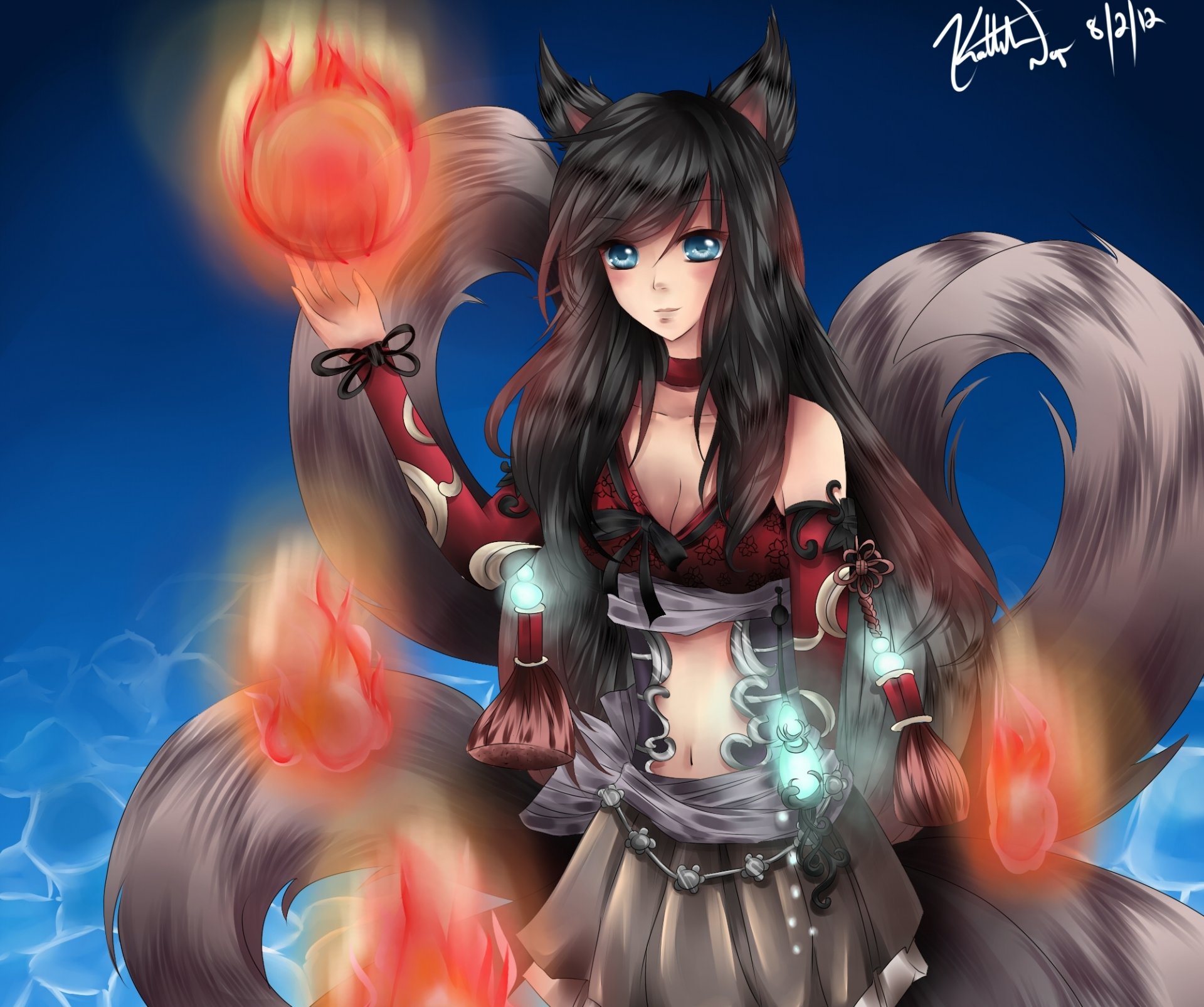 arte carino-yukiko ragazza ahri sguardo volpe orecchie code magia league of legends