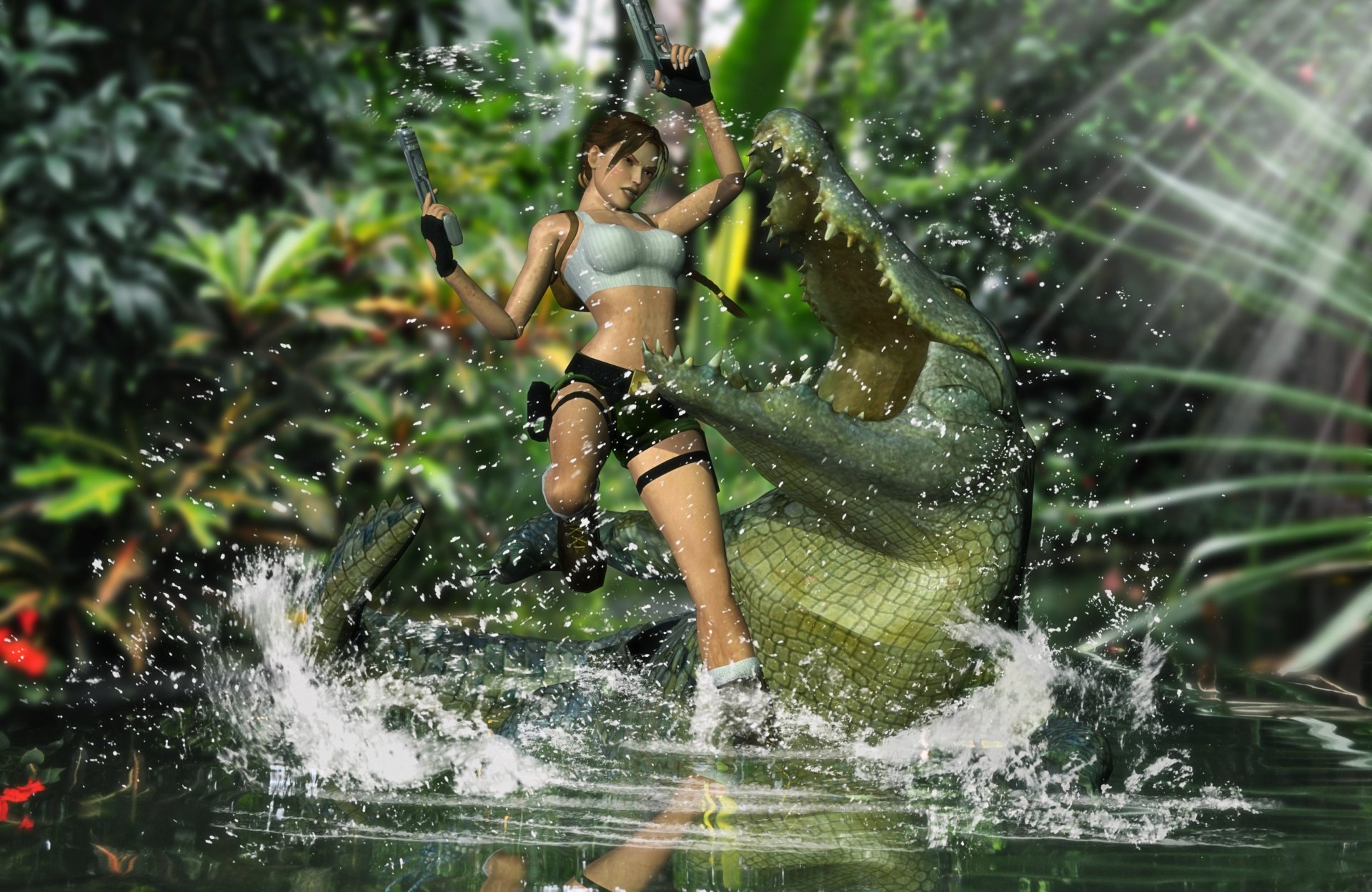 lara croft tomb raider ragazza pistole acqua coccodrillo bocca denti attacca