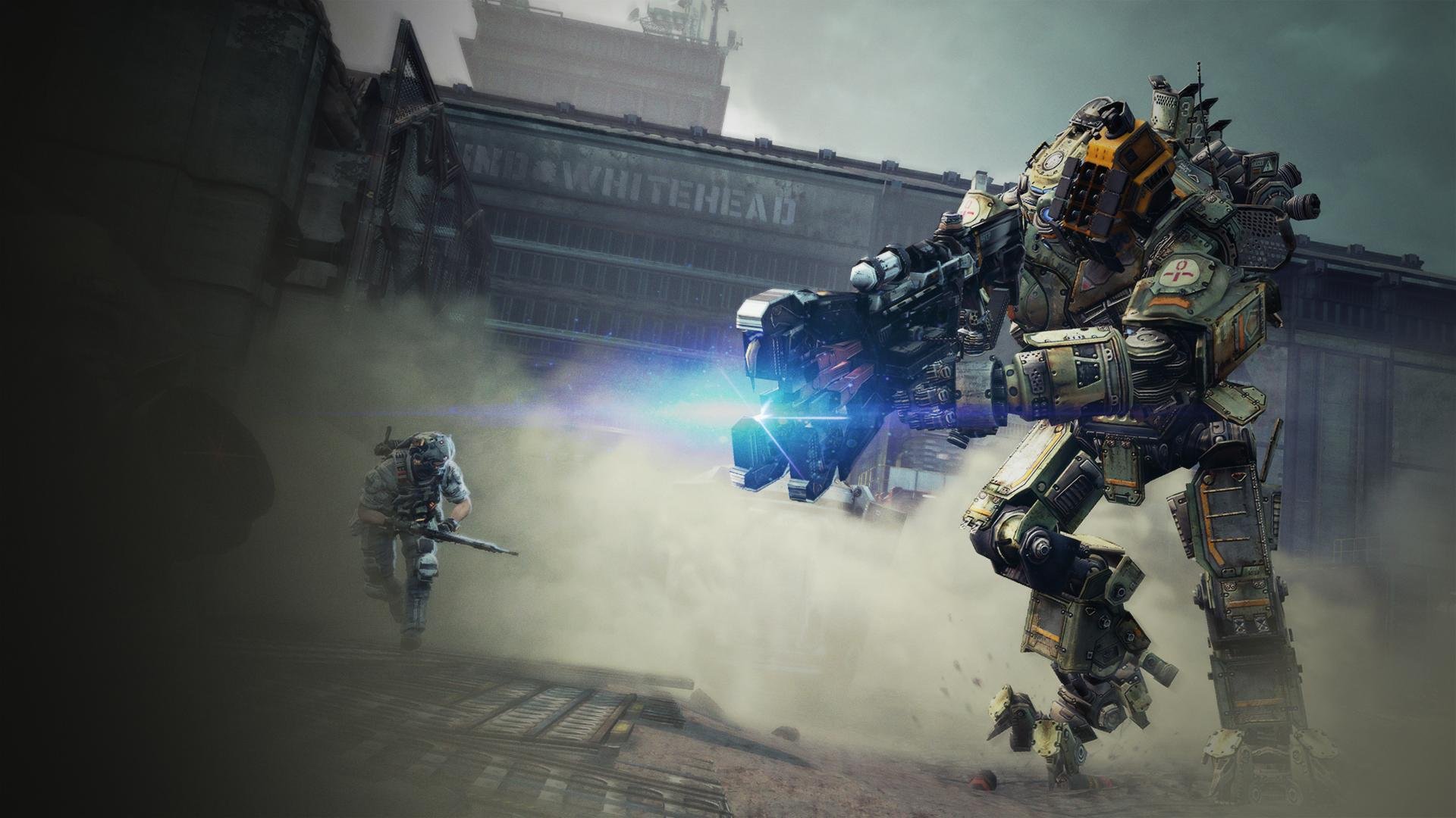 titanfall reaparición de entretenimiento electronic arts ea robot soldado titán piloto luz luces humo cielo nubes edificios armas ardor cazador equipo