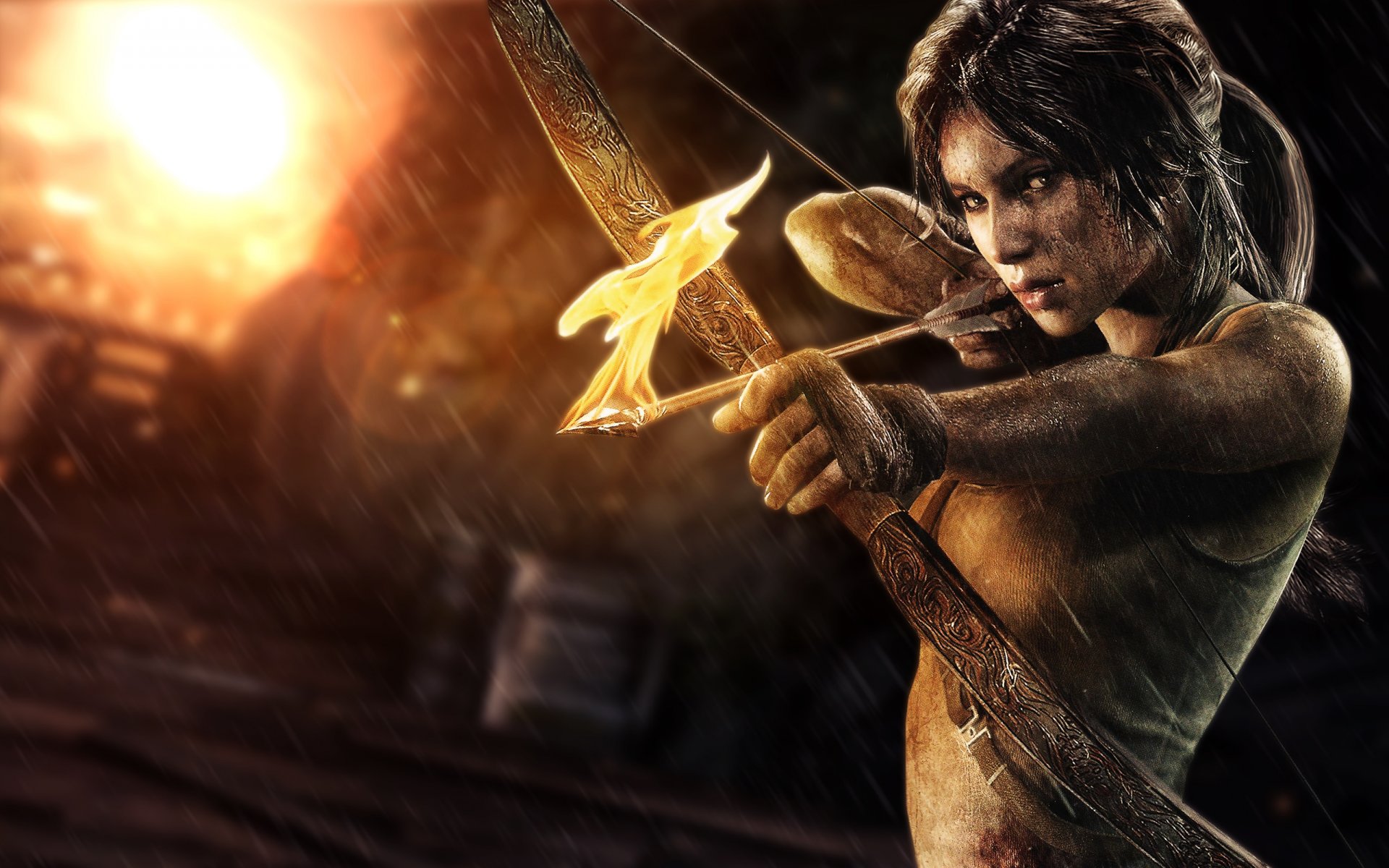 tomb raider lara croft bogen mädchen pfeil feuer