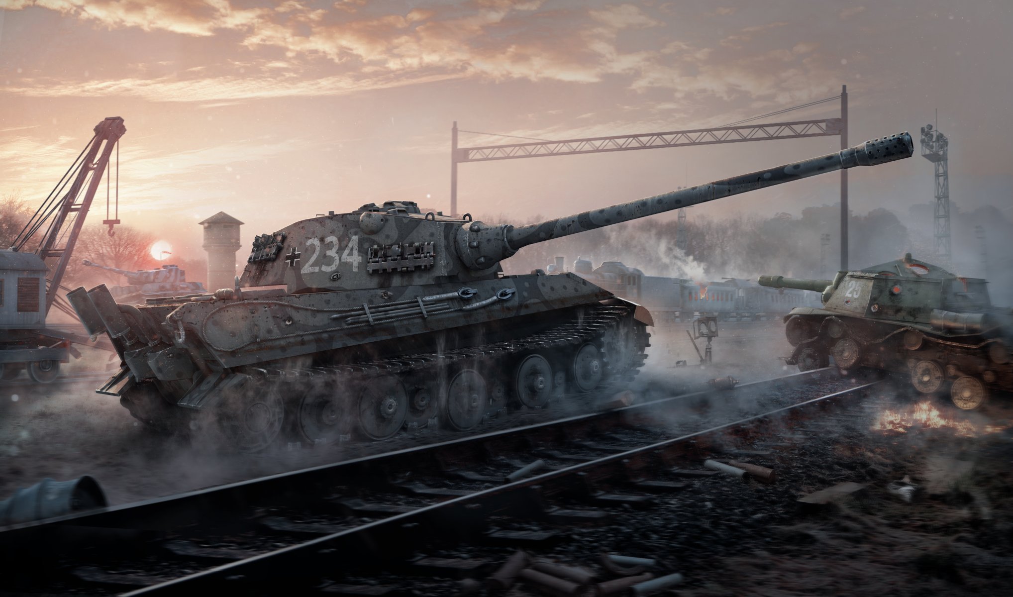 world of tanks wargaming netto wot wp e 75 tiger i czołg ciężki su-152 przeciwpancerne pt-sau pt chmury dym zachód słońca pociąg kurz kolej skład żuraw wieża żelazo lufa mgła łuski beczka