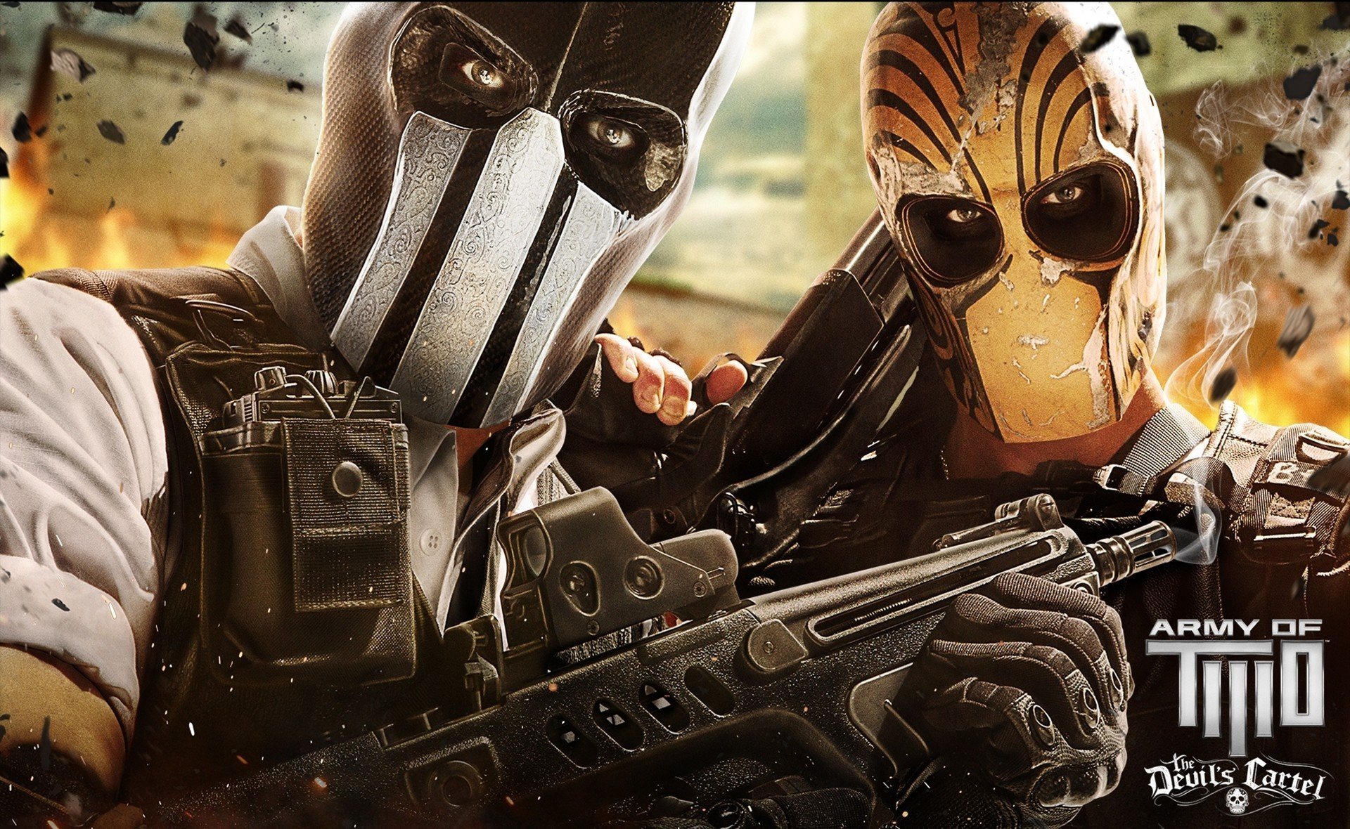 army of two cartel devils soldiers weapons mask war shotgun skull game wallpaper flame fire