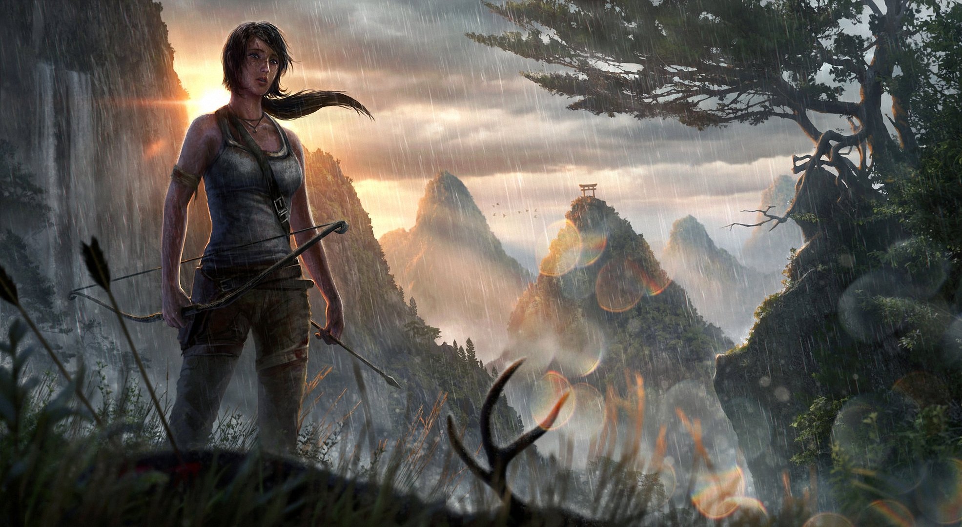 art tomb raider lara croft girl mountain asia rain waterfall sun torment arrow