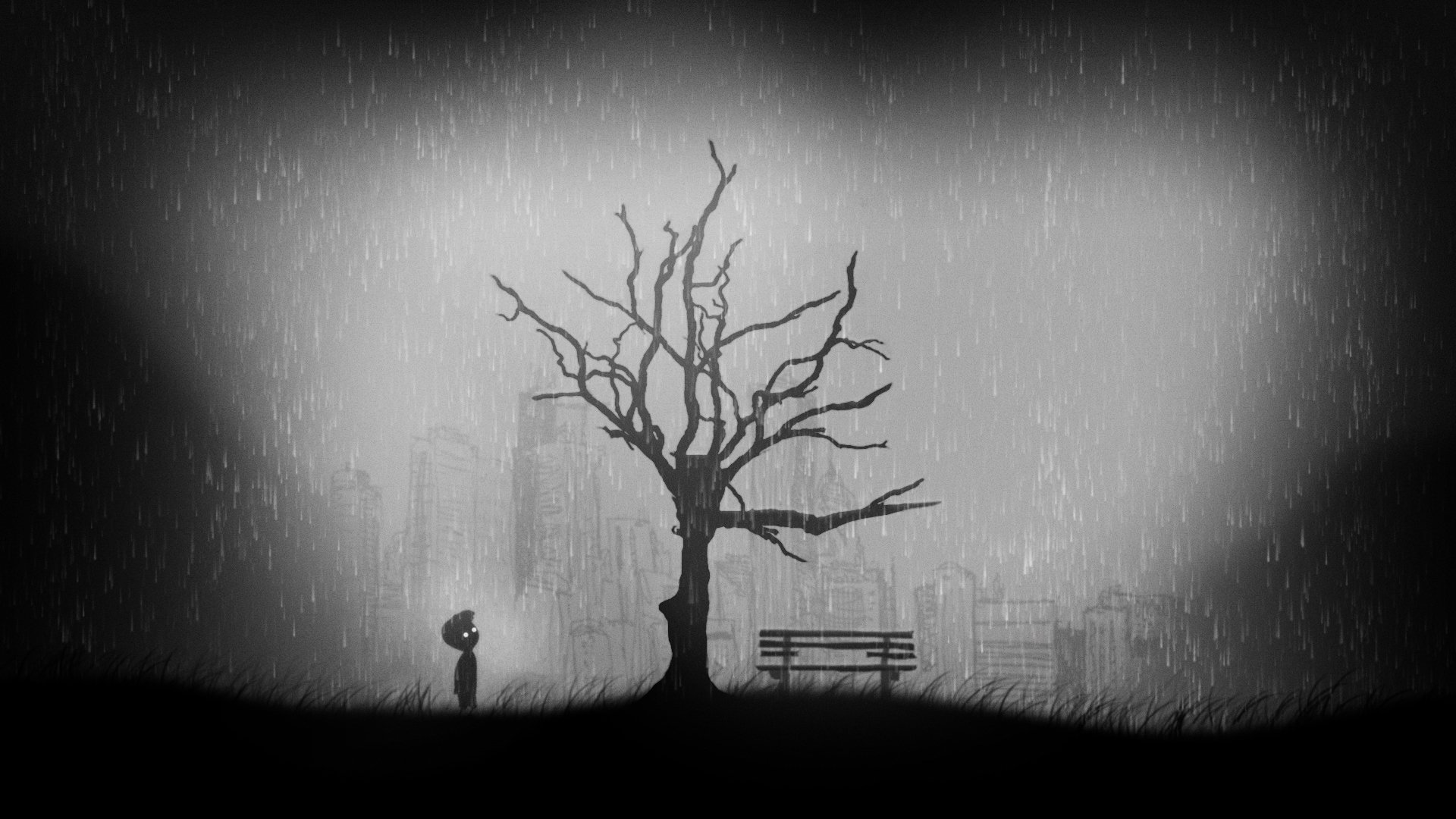 origin game lonely black and white tree grass city ruins suspended state lonely black and white ruins of the city