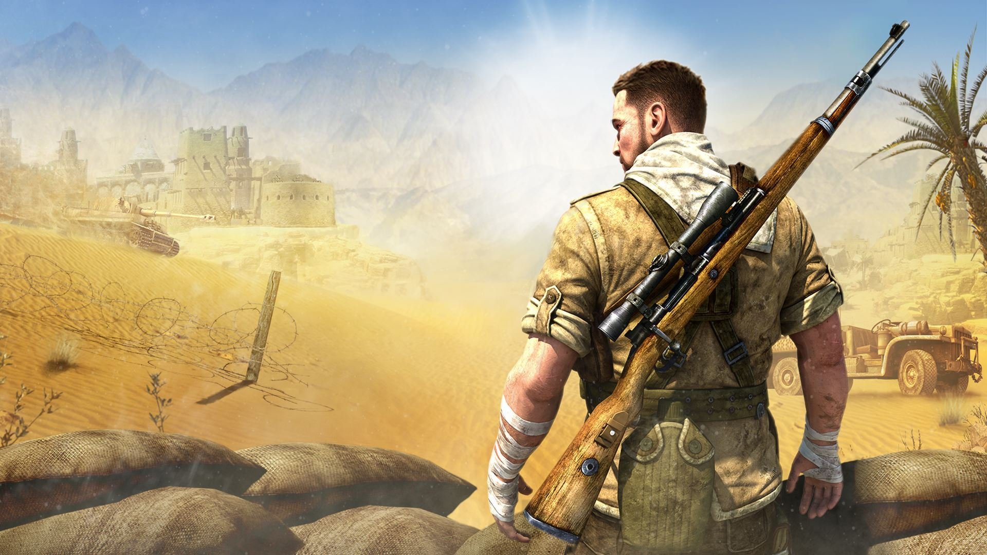 niper elite 3 rebellion 505 games africa sniper elite sniper karl fairbairn karl fairburne weapons sky mountain sand men military shadow palm bandage form industrial complex sun scarf barbed wire building tank tiger sniper rifle truck ba