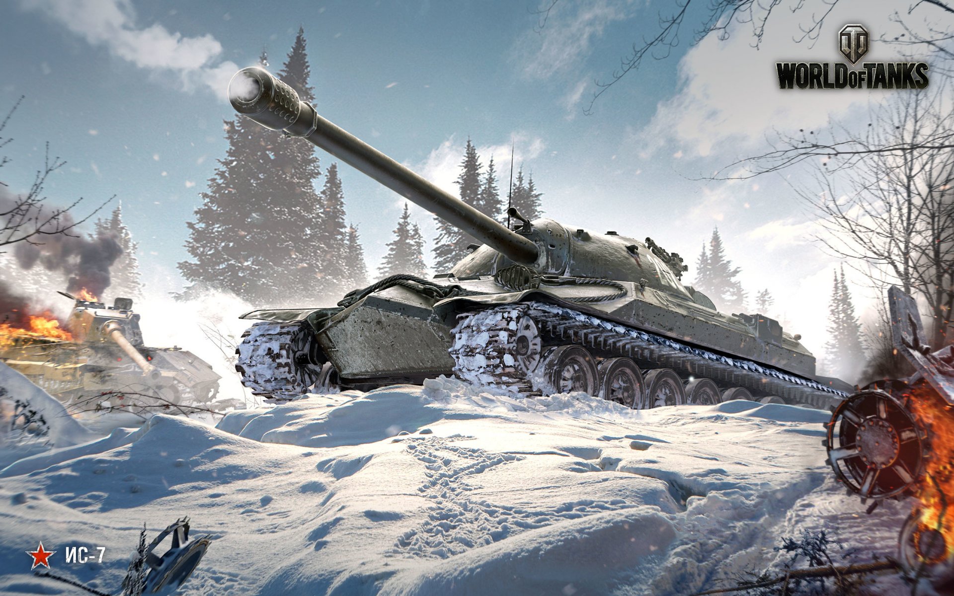 world of tanks wargaming net wot wp is-7 is-7 char lourd ciel nuages réservoir baril fer hiver neige arbres flamme feu fumée débris technique