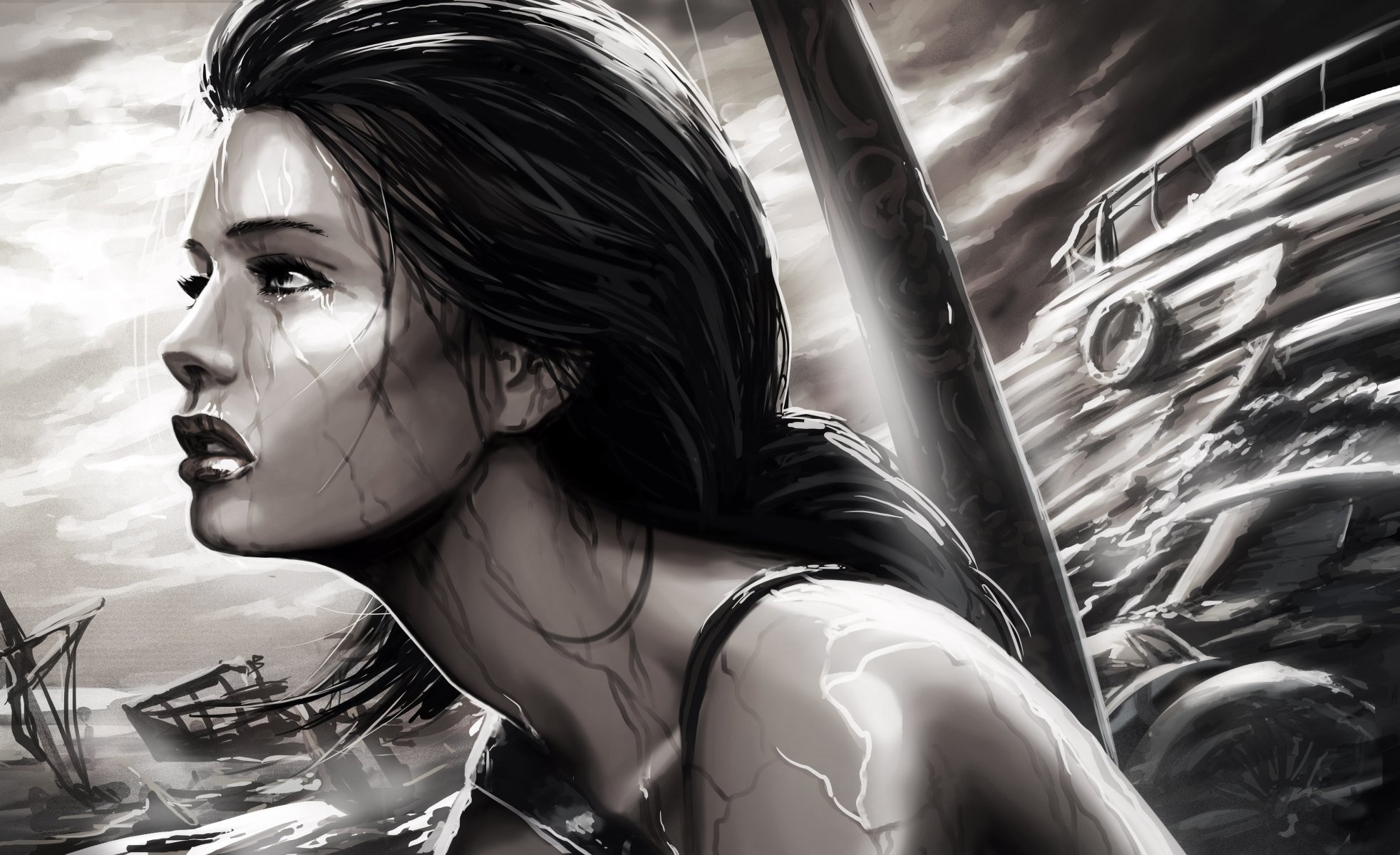 tomb raider lara croft juego chica cara. perfil lluvia mar barcos blanco y negro